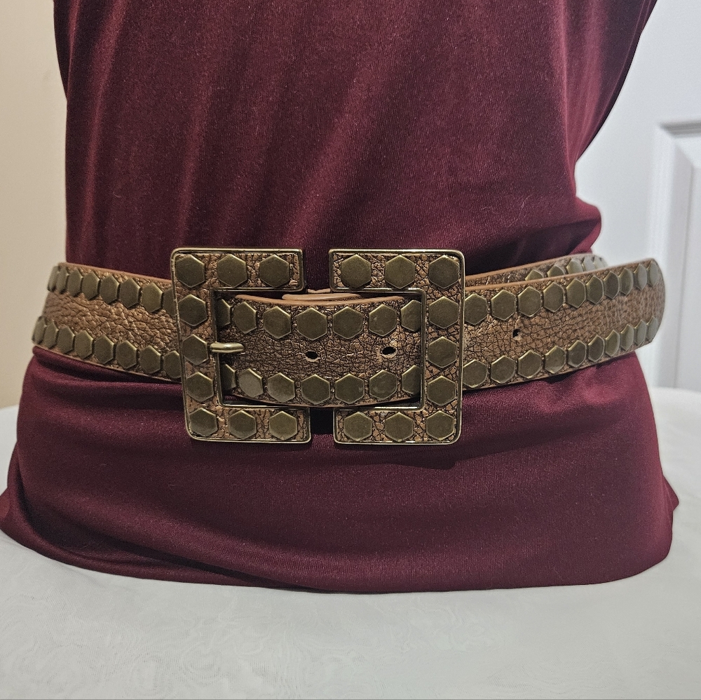 LEATHEROCK Belt | Y2k Genuine Leather Large Buckle Bronze Size M 34